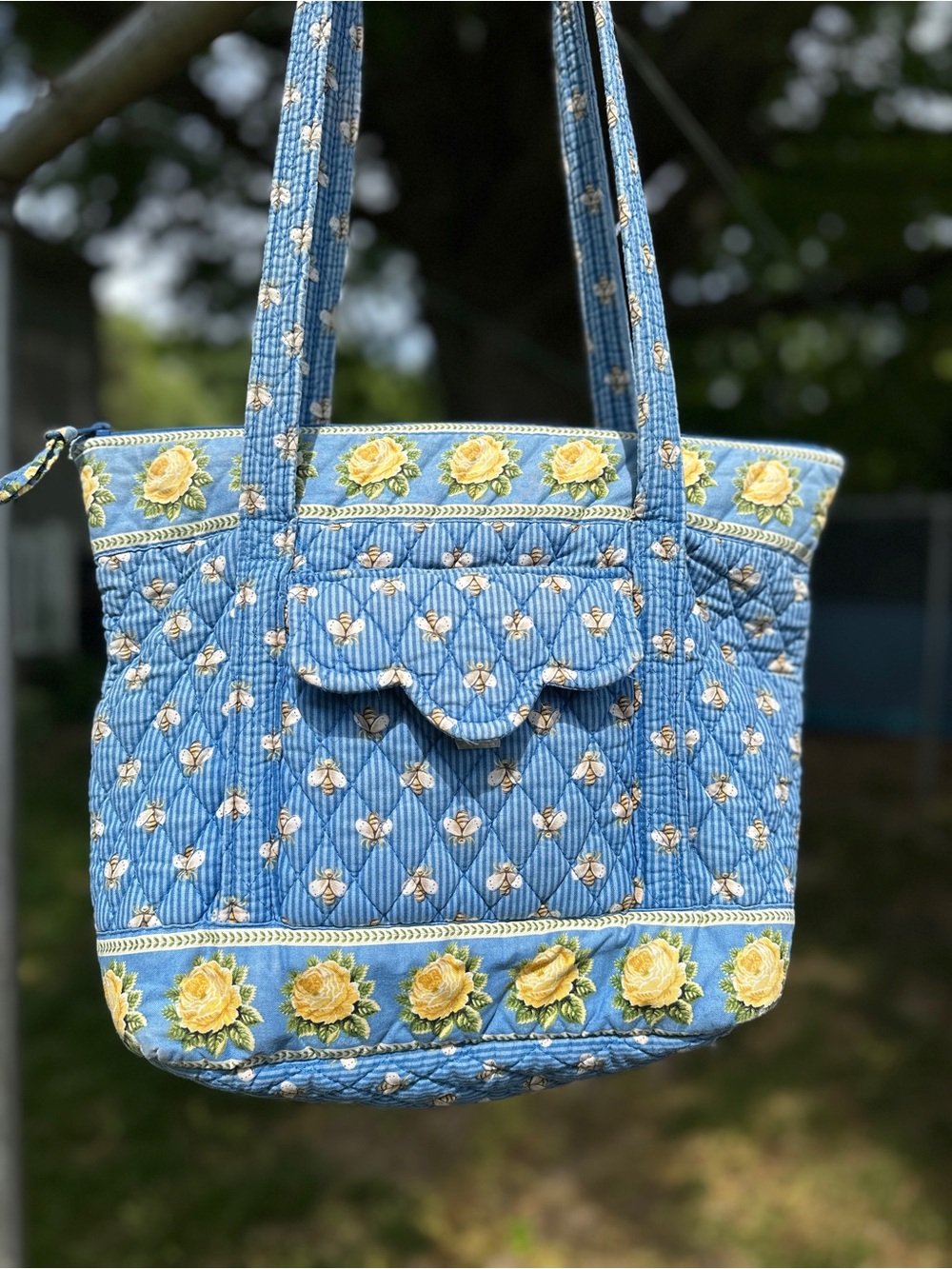 Vintage Vera Bradley Retired Bees Blue Shoulder Bag Tote Yellow Rose Trim - Fair